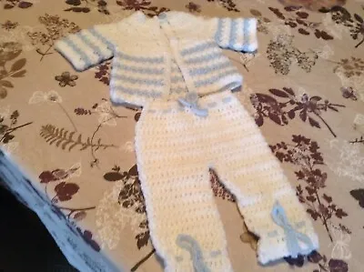 A New Hand Crochet Baby Boy Cardigan & Pants Set White & Blue Newborn • £5.50