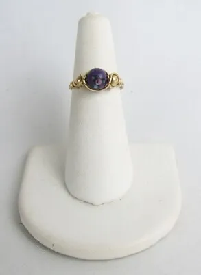 Vintage Gold Metal Dainty Purple Millefiori Floral Spinning Bead Size 5 1/2 Ring • £14.20