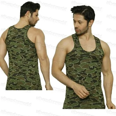 Mens Vest Top Camouflage Army Muscle Gym Athletic Sports Cotton Sleeveless Tank • £5.99