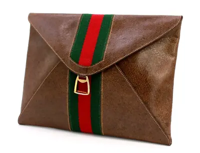 Gucci Vintage Bag Clutch Handbag Purse Sherry Buckle GG Leather Brown Authentic • $266.99
