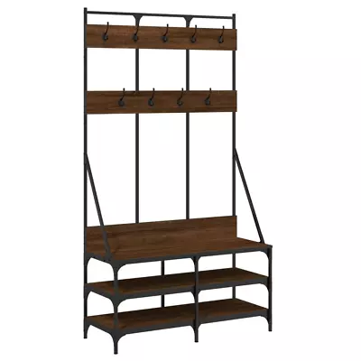 Industrial Wooden Hallway Coat Clothes Rack Stand Hall Tree With Shoe Bench Wood • £129.99