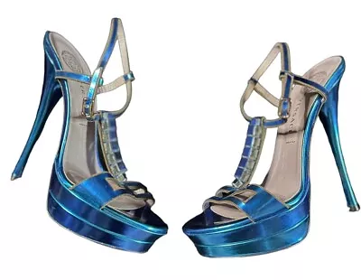 Versace IT 38 Metallic Teal Blue T-Strap Jeweled Platform Heels VTG • $339.99
