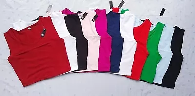 New Women's Stretchy Crop Tops Ladies Plain Blouse Sleeveless Vest T-Shirt Racer • £3.99