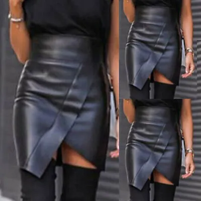 Womens High Waist Pencil Skirt Ladies Faux Leather Wet Look Bodycon Mini Dress • £10.99