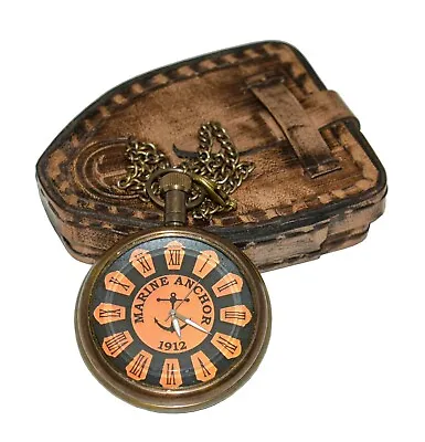 Antique Vintage Maritime Anchor 1912 Brass Pocket Watch With Leather Box-Gift • $26