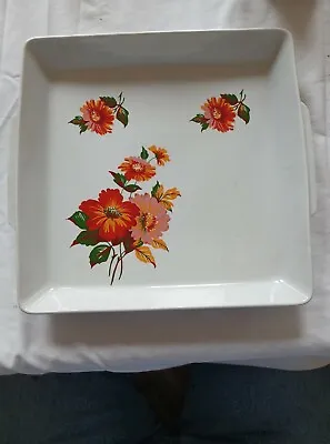 VINTAGE MID CENTURY ISRAEL NAAMAN RedPinkYellow FlowersWHITE PORCELAIN TRAY EUC • $30