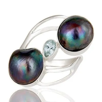 Peacock Black Pearl Engagement Ring 925 Sterling Silver Blue Topaz Jewelry • $26.99