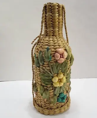 Vintage Wicker Rattan Straw Wine Bottle Carrier Holder Tiki Bar With Flowers • $15.95