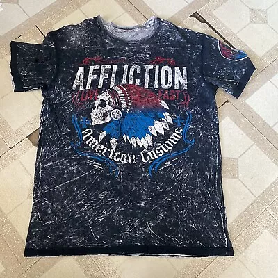 Affliction Reversible Indian Skull US Flag Moto Rally Graphic T Shirt Mens Large • $29.99