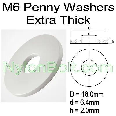 Nylon Plastic M6 Penny Washers EXTRA THICK Thickness = 2.0mm • £3.99