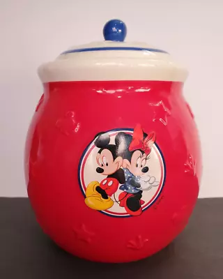 Disney Mickey & Minnie Red White & Blue Ceramic Cookie Jar & Lid Vintage  • $8