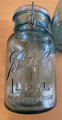 Vintage Ball Ideal Mason Jar W/ Wire Bale Blue Glass Quart Pat'd July 14 1908 • $10