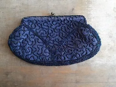 Vintage Petroleum Blue Micro Beaded Kiss Lock Purse Made In Belgium 1960's • $12