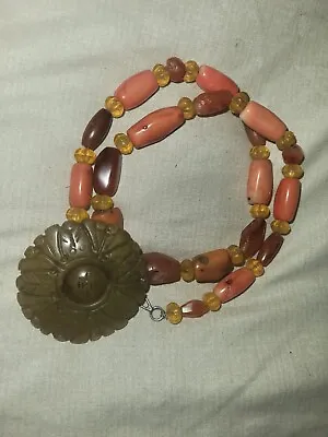Antique  Mediterranean CoralAncient CarnelianNecklace W/Hetian Jade Pendant.. • $190