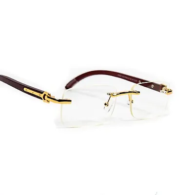 Men's Vintage Rimless Clear Tint Woodgrain Gold Frame Retro Hip Hop Glasses  • $15.99