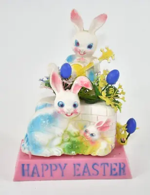 Rare Vintage Plastic 50s Easter Bunny Rabbits Banjo Eggs Floral Blow Mold As-Is • $39.99