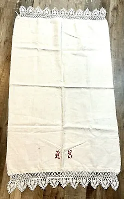 Antique Homespun French Crochet Linen Towel Red Embroidery Monogram A S Kitchen • $45