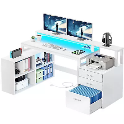 65  L Shaped Desk Computer Desk With Power Outlets & LED Lights & File Drawers • $169.99