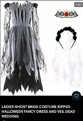 £15 • Buy LADIES GHOST BRIDE COSTUME FANCY DRESS AND VEIL DEAD WEDDING Including Face Mask
