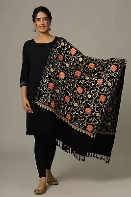 Black Indian Wool Shawl Embroidered Pink Orange Flowers & Gold Vine Pashmina Ari • $30.59