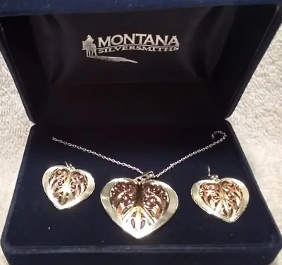 Montana Silversmiths Silver Gold Rose Gold Heart Jewelry Set With Box Great !! • $79.99