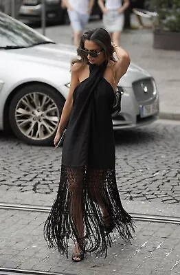 BNWT ZARA Black Fringed Linen Dress Size M • £39.99