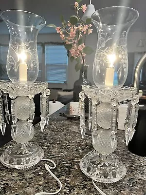 Vintage Pair Etched Glass Hanging Crystal Prisms Hurricane Table Lamps Hand Cut  • $180