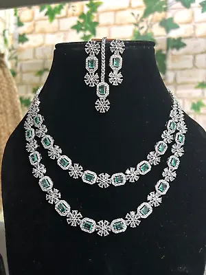 Bollywood Designer Indian Silver Plated AD CZ Necklace Jhumka Tika Set • $38.26