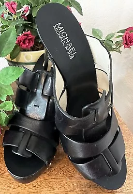 EUC Michael Kors Somerly Black Leather Open Toe Heels Studs Sandals 8.5M GP15A • $24.99