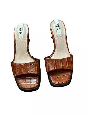 ZARA New Animal Print Faux Tan Leather Kitten Heel Sandals Women Size 6 Slip On • $27.99