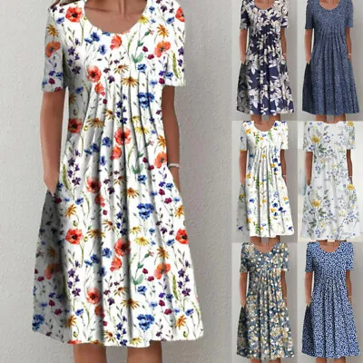 £14.99 • Buy Women Floral Crew Neck Short Sleeve Midi Dress Ladies Baggy Pocket Pleated Dress