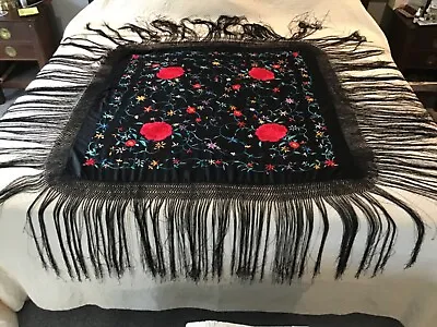 Auth Vtg Black Silk Floral Embroidered Piano Scarf Shawl Approx 17” Fringe • $274