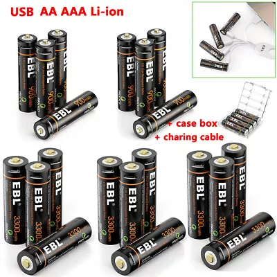 EBL Rechargeable 1.5V AA AAA 9V 6F22 Lithium Batteries USB Li-ion Battery Lot • $19.99