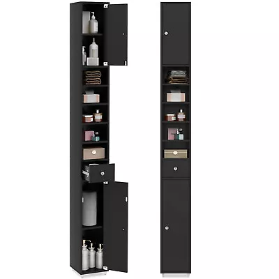 Tall Slim Bathroom Storage Cabinet Linen Tower W/ 2 Doors 1 Drawer Shelves Black • $129.98