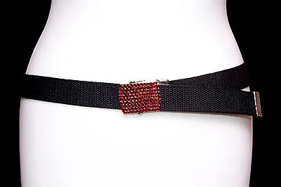 £3.45 • Buy Womens Black Canvas Belt With Red Rhinestones On Silver Buckle - Adjustable