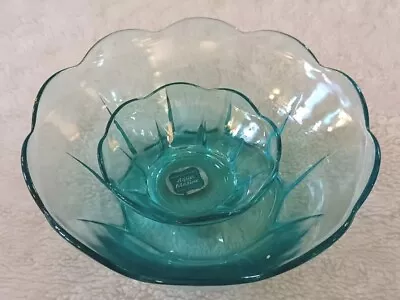 Vintage Chip Dip Bowl Anchor Hocking Capri Set Blue Glass Scallop Edge Mcm Retro • $42.50