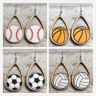 New Wooden Hollow Teardrop Round Baseball Softball Earrings Women Sports Jewelry • $2.09