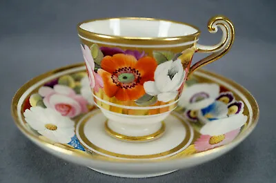 Hicks & Meigh Hand Painted Pink Rose Floral Gold Coffee Cup & Saucer C.1820-1830 • $295