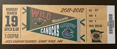 Minnesota Wild 3/19/2012 NHL Ticket Stub Vs Vancouver Canucks • $6.95