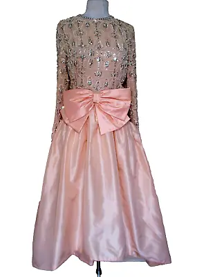 Vintage 1980s Victoria Royal Pink Gown M Beaded Pearl Bodice Taffeta Hi-Lo Skirt • $275