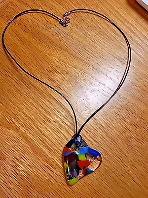 BOHO Art Glass Flat Heart Pendant Necklace 20  Hand Blown Multicolor • $15.95