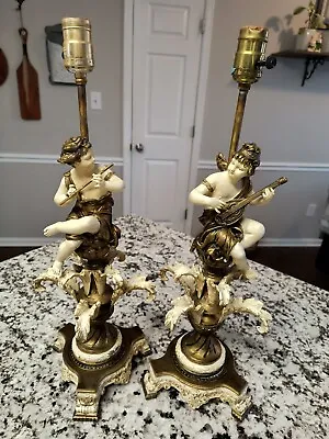 Rare Pair Antique Vintage Moreau Style Figural Cherub Metal Lamps Flute & Lute • $149.99