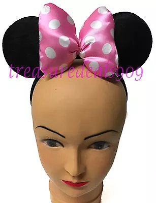 Minnie Mouse Ears Headband Puffy Pink Polka Dot Bow Mickey Birthday Party Favors • $5.99