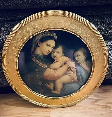 Vtge  Madonna Of The Chair By Raphael Art Print In Round Gold Frame 11” • $32