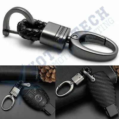 Key Fob Remote Braided Faux Leather Gunmetal Snap Keychain Key Ring - Black • $9.98