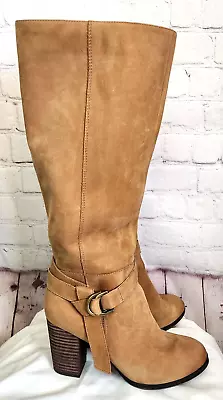 $42.99 • Buy Aldo Knee High Boots Suede Leather Tan Brown Size 8.5 3.25  Heel Buckle Detail