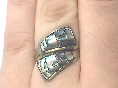 Vintage Handmade Mexico Abalone Sterling Silver Ring Size 7.5 Bypass Adjustable  • $22.98