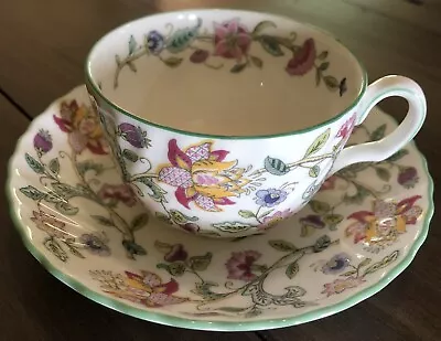 MT22 Vintage Minton Haddon Hall Bone China Cup And Saucer Green Trim • $12