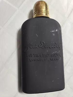 JACK DANIELS Matte Black Glass Flask Decanter Gold Brass Shot Top VINTAGE • £16.39