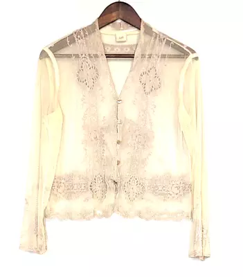 J. Jill Sheer Button Blouse Shirt SZ S Lace Embroidered Boho Beige A72 • $15.99